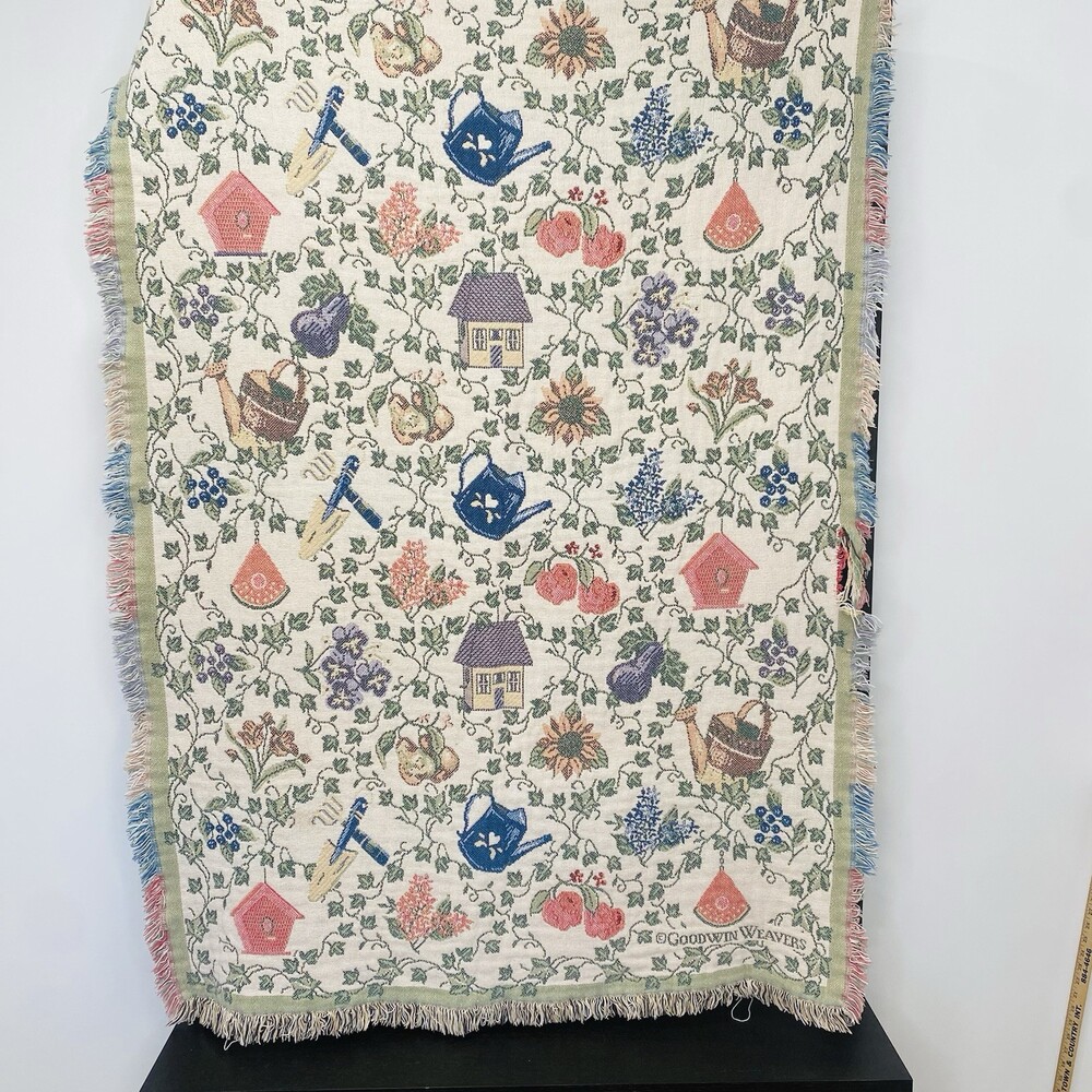 VTG Goodwin Weavers Tapestry Blanket Garden Fruit Grapevine Bird House Water Can